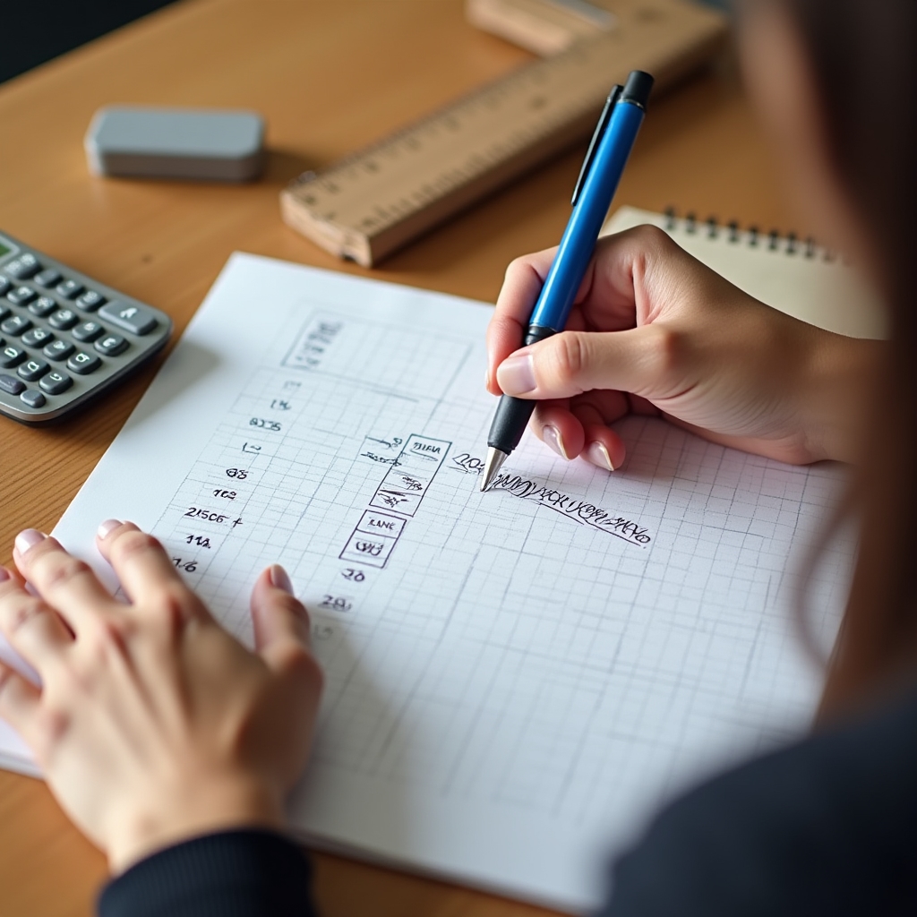 Close-up of a woman's hands working on cost calculations with a calculator, notepad and pen on a wooden desk