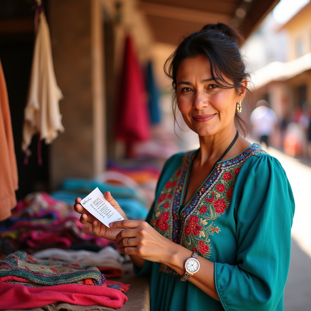 Woman reviewing a handwritten pricing sheet at a small market stall with handmade goods displayed, focused and confident expression
