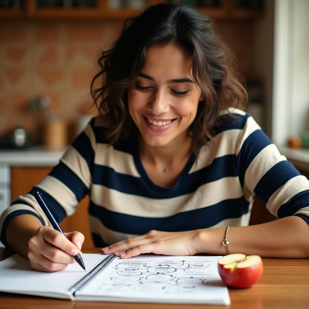 Woman writing business ideas in a notebook at a kitchen table, thoughtful expression, warm natural light from a nearby window