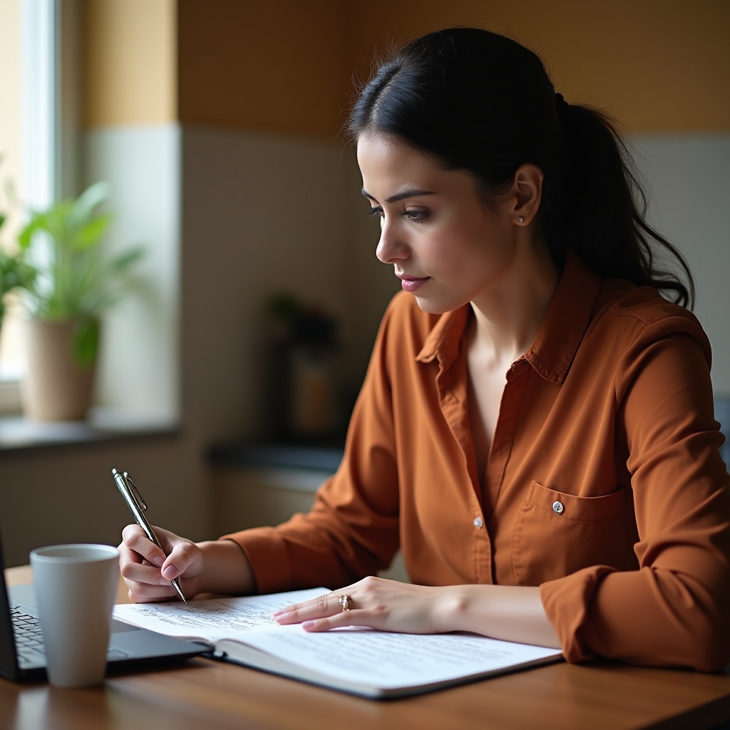 Single mother working on her microbusiness idea at a desk with notes and a laptop