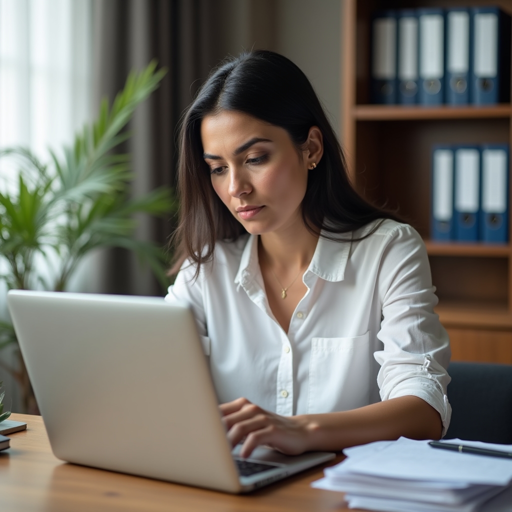 Woman sitting at a laptop reviewing SAT registration documents, focused expression, home office setting with natural light