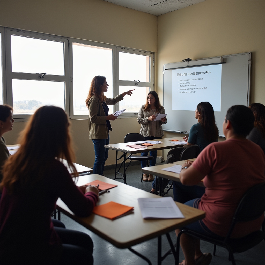Women attending a business skills workshop, taking notes and engaging with a facilitator at the front of the room