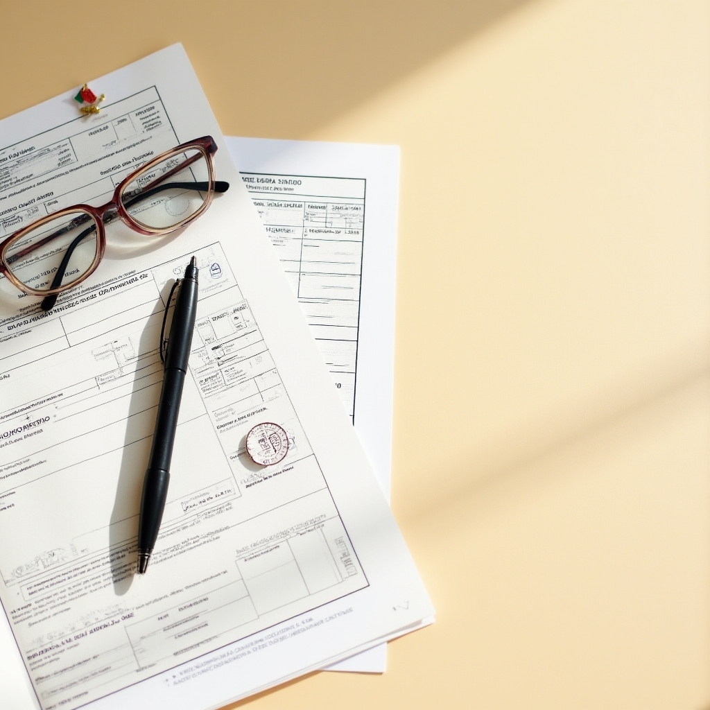 Close-up of official Mexican tax documents spread on a desk with a pen, reading glasses nearby, warm office lighting
